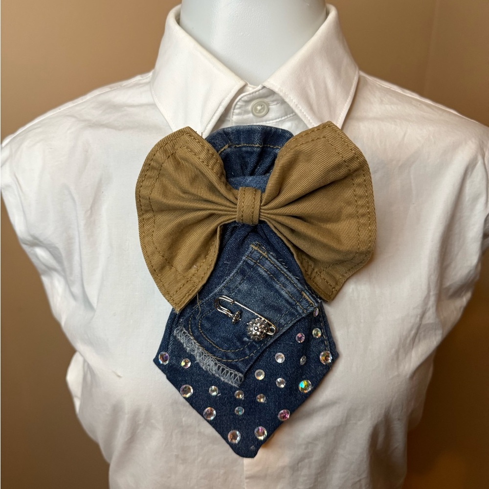 Denim tie with a Tan Bow and Rhinestone Accent